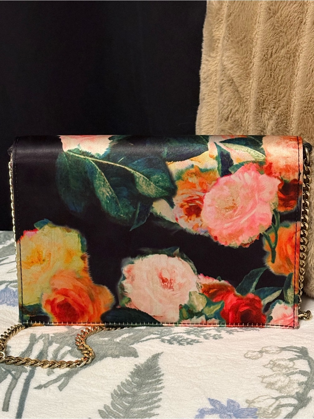 Nine West Floral Satin Crossbody Clutch with Metallic Gold Interior - Picture 3 of 6